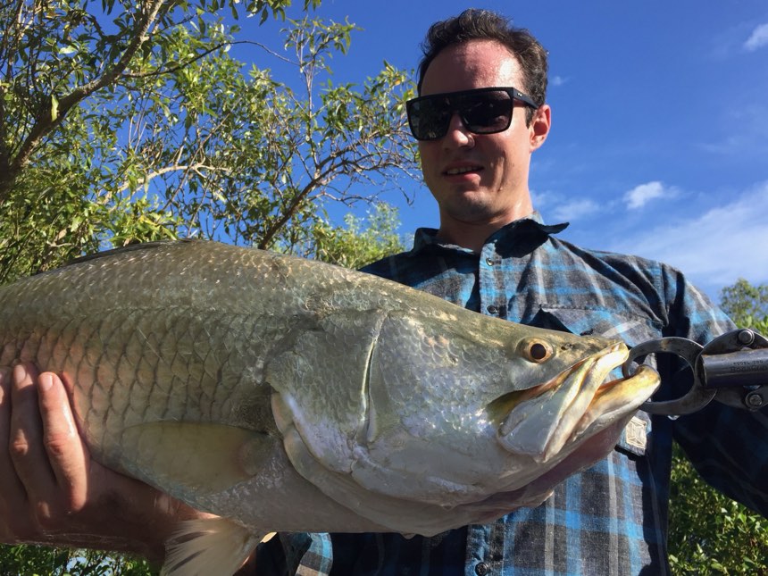 Angler with a thick silver barra under blue sky