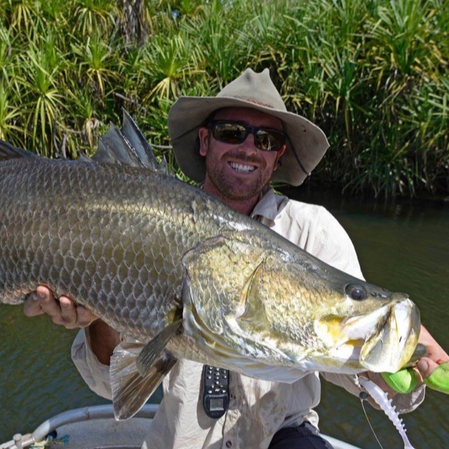 Glenn "Watty" Watt cradling a solid barramundi against the pandanus