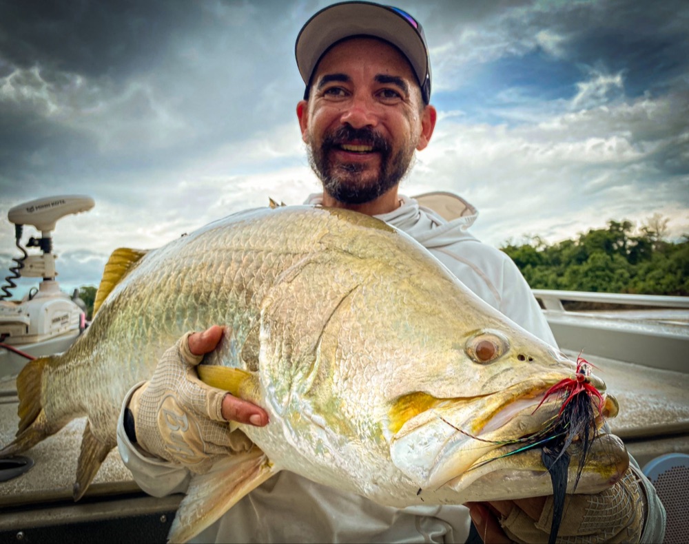 Fly angler holding a golden barramundi with the fly still pinned in its jaw